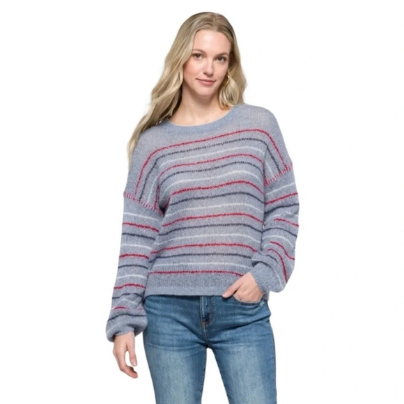 Sundry Anthropologie Cashmere and Wool Balloon Sleeve Striped Sweater Size L - Picture 2 of 9